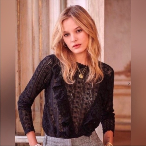 Sezane Black Lace Madeleine Ruffle Blouse - Picture 12 of 14